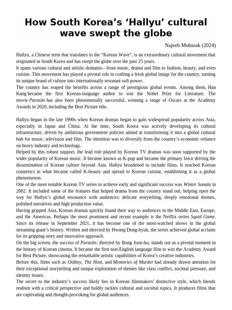 How South Korea Hallyu Swept Globe | PDF | South Korea | World Politics