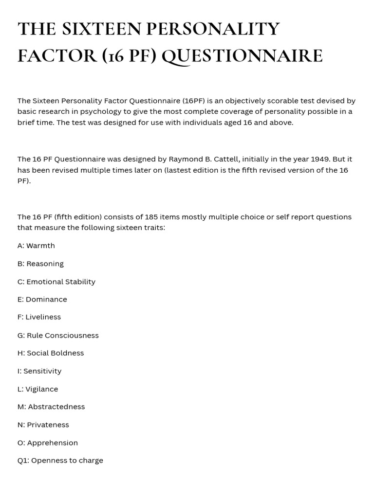 The Sixteen Personality Factor (16 PF) Questionnaire | PDF