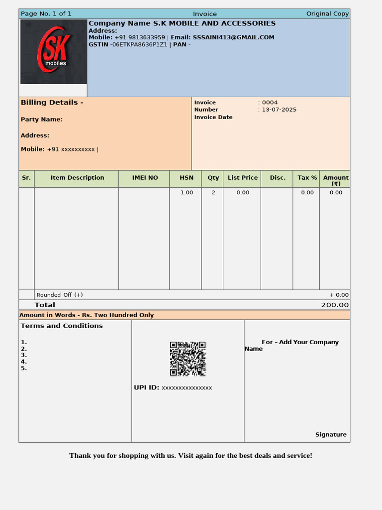 Mobile Invoice Format 01 - Simple | PDF