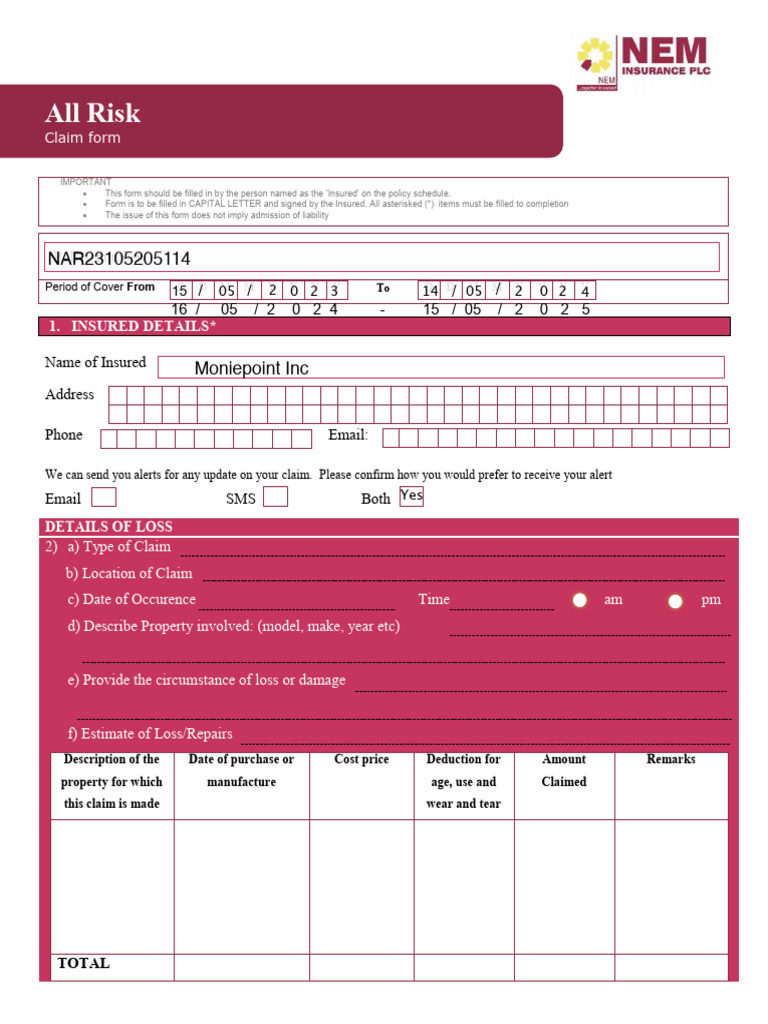 All Risk Claim Form | PDF
