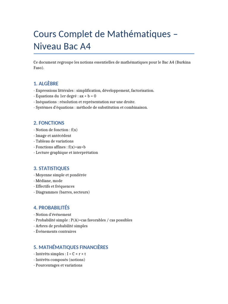 Cours Maths Bac A4 Complet | PDF