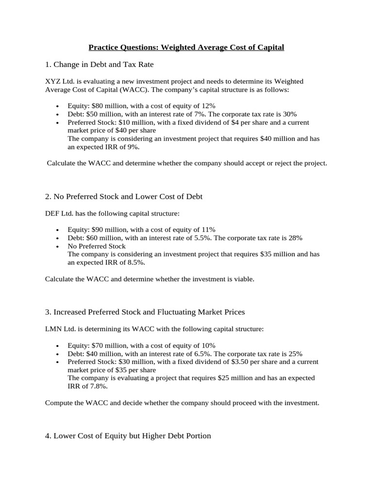 Practice Questions WACC | PDF | Cost Of Capital | Financial Economics