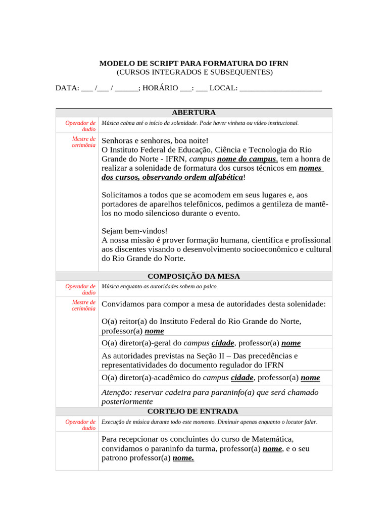 Modelo de Script para Formatura Do IFRN | PDF