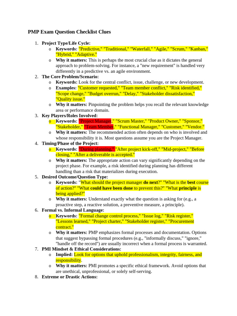 PMP Exam Question Checklist Clues | PDF | Project Management | Agile ...
