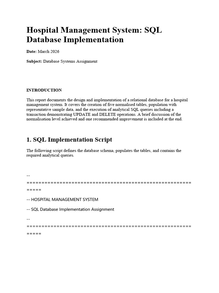 Hospital Management System ASS | PDF | Databases | Sql