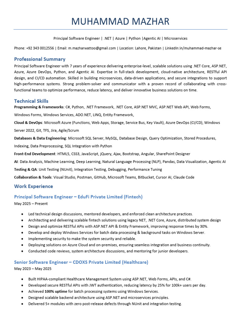 Muhammad Mazhar Resume | PDF | Microsoft Sql Server | Entity Framework