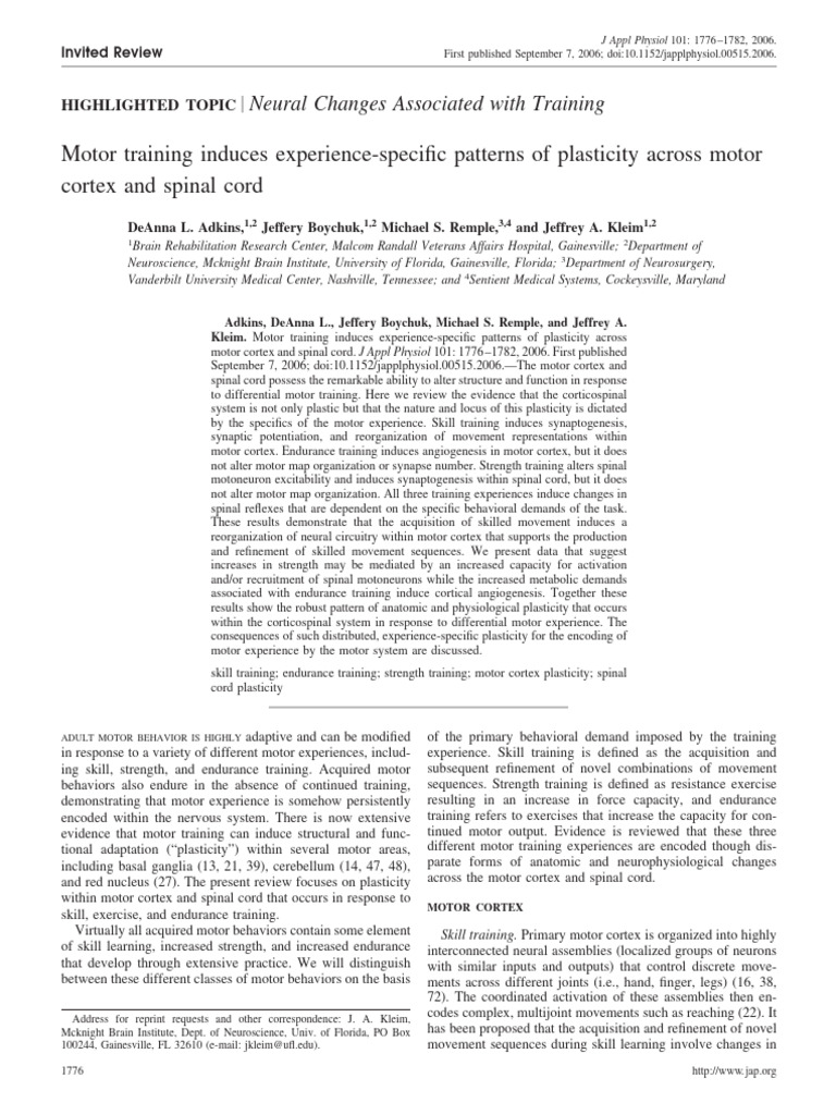 Adkins Et Al 2006 Motor Training Induces Experience Specific Patterns ...
