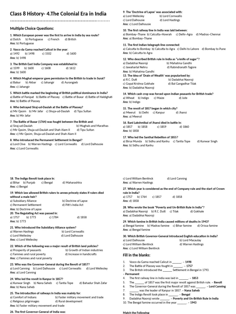 Class 8 History 4. The Colonial Era in India Short | PDF