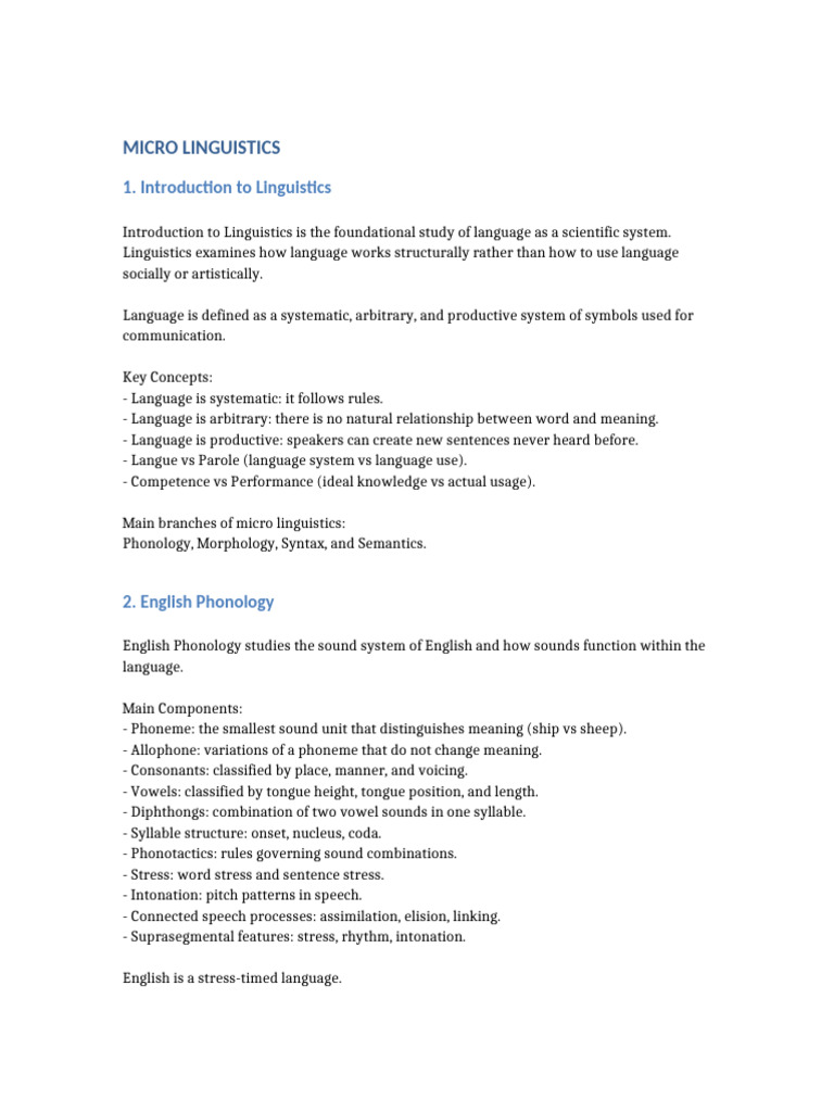 Micro Linguistics Complete Notes | PDF | Syllable | Phonology