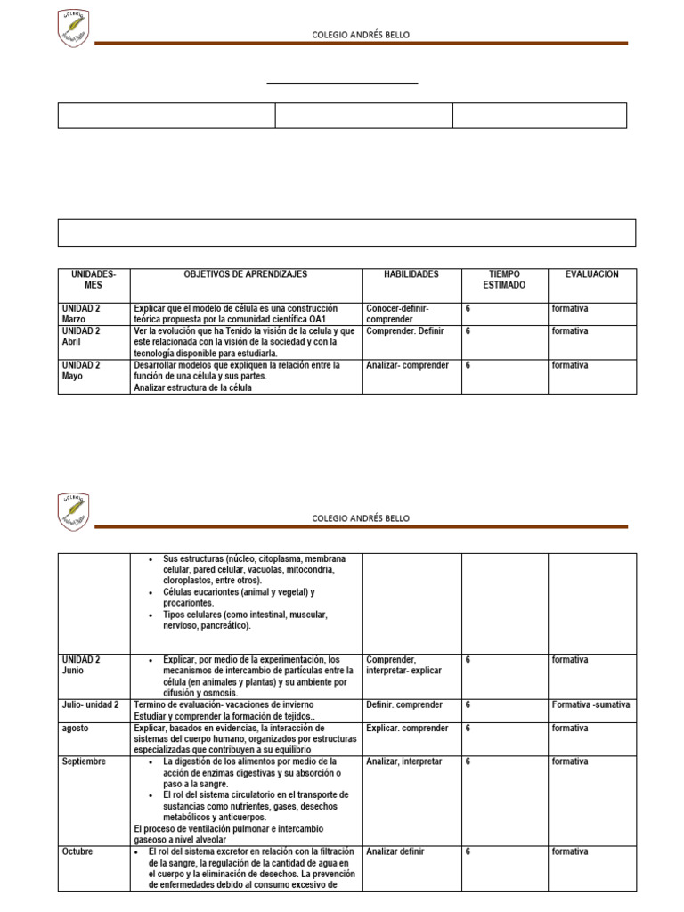 Planificacion Anual Biologia Octavo Basico | PDF