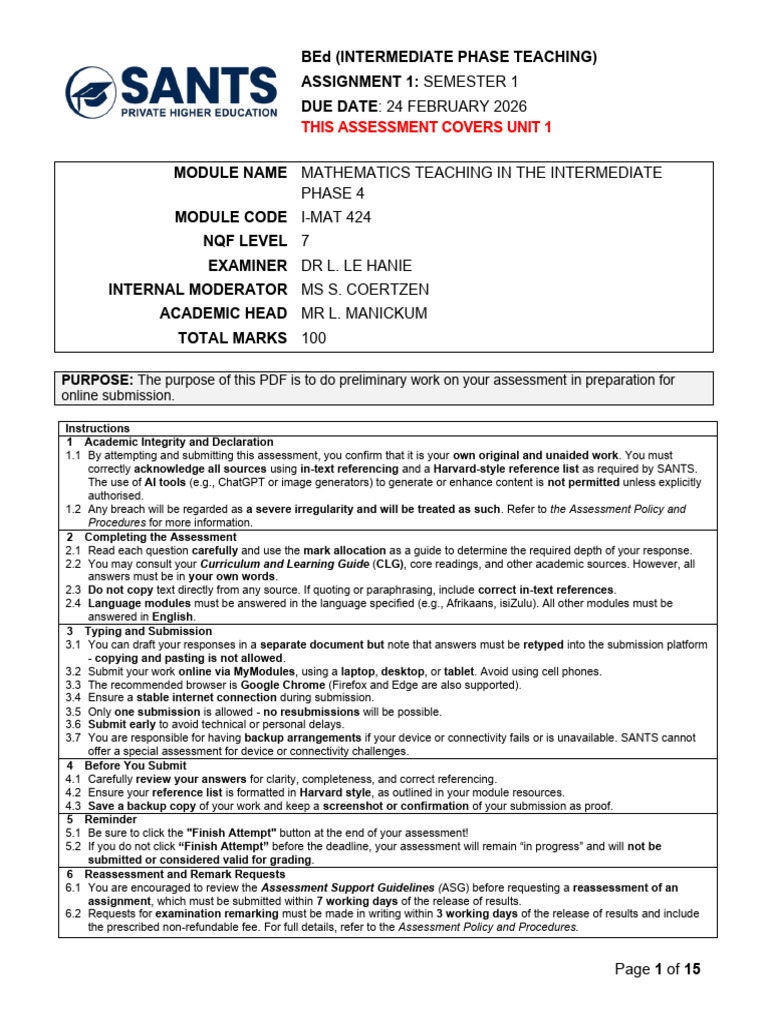 I-MAT 424 Assignment 1 Semester 1 2026 Students | PDF
