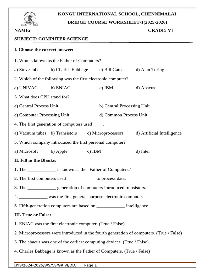 Kongu International School, Chennimalai BRIDGE COURSE WORKSHEET-1 (2025 ...