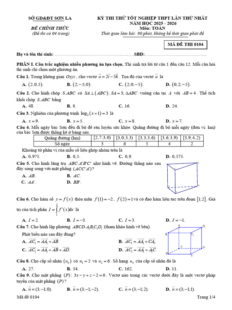 Ma de Thi 0104 Toan TT Lan 1 (2025-2026) | PDF
