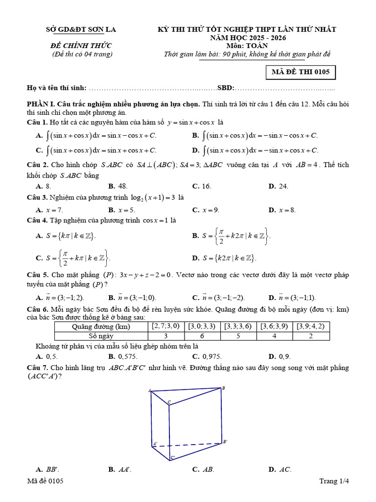 Ma de Thi 0105 Toan TT Lan 1 (2025-2026) | PDF
