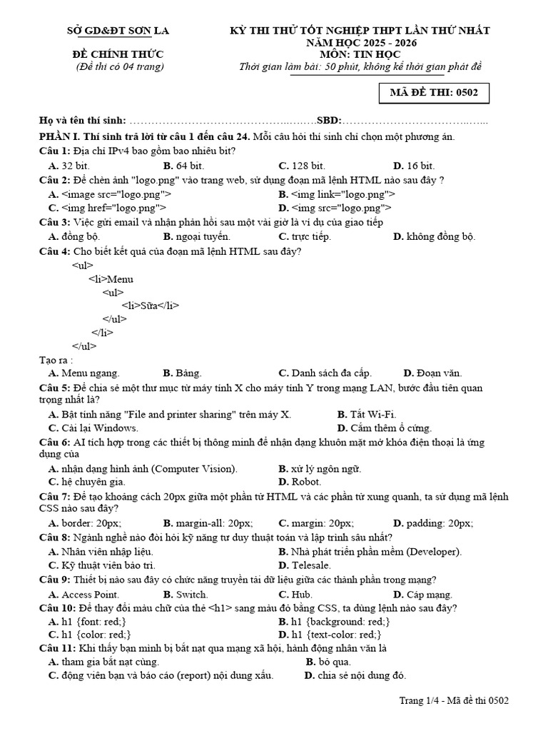 Ma de Thi 0502 Tin Hoc TT Lan 1 (2025-2026) | PDF