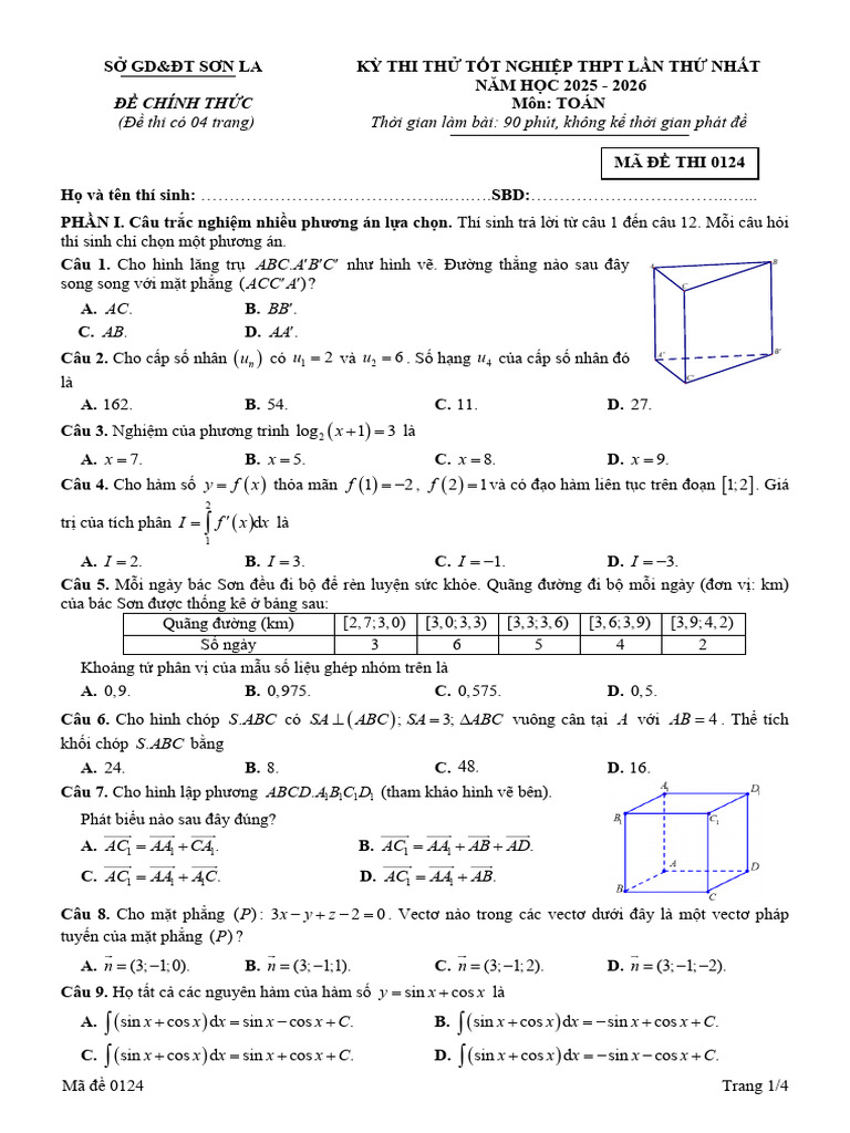 Ma de Thi 0124 Toan TT Lan 1 (2025-2026) | PDF