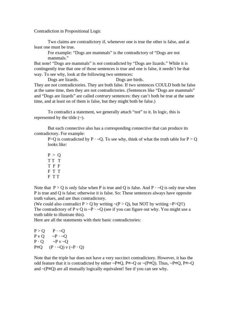 Contradiction in Propositional Logic | PDF