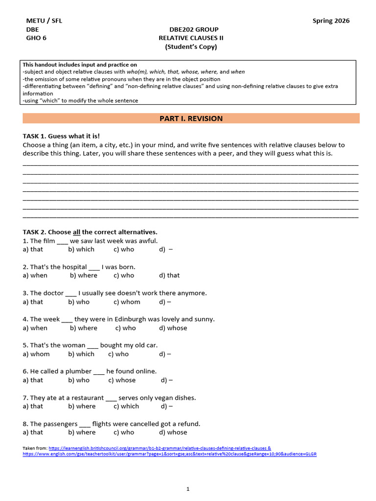 GHO 6 Relative Clauses II Student | PDF | Sentence (Linguistics ...