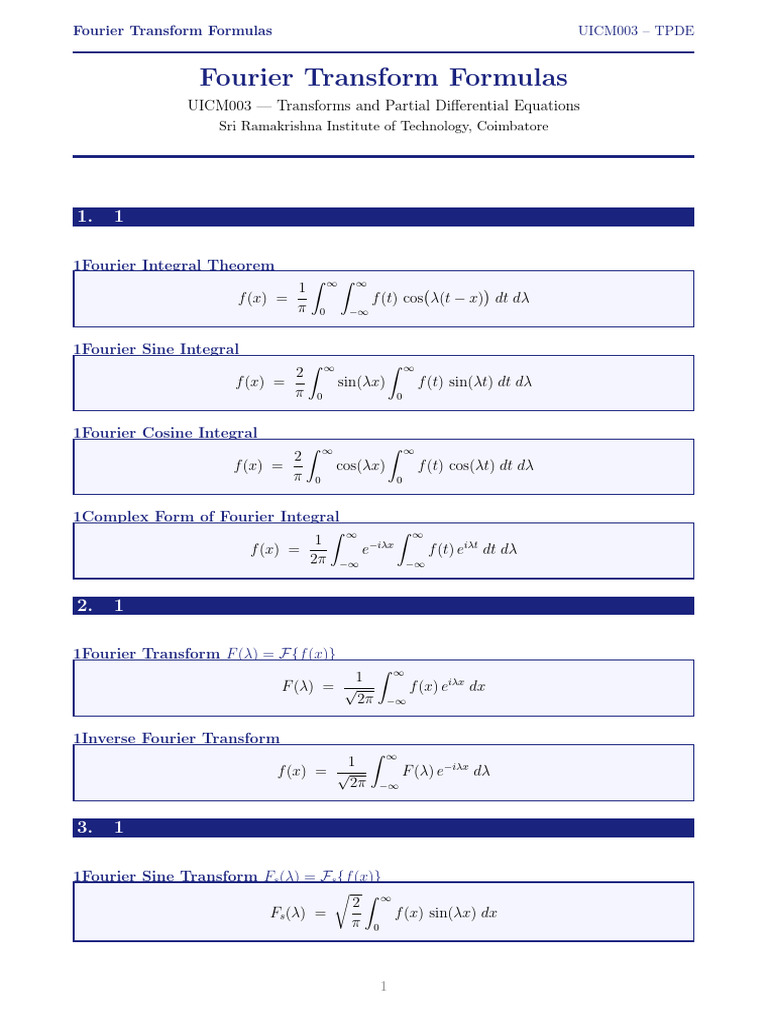 Fourier Transform Formulas | PDF
