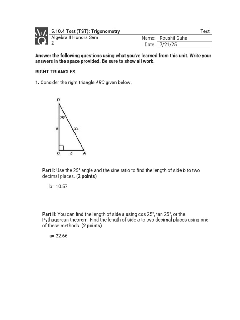 5.10.4 Test (TST) - Trigonometry (Test) | PDF | Trigonometry | Angle