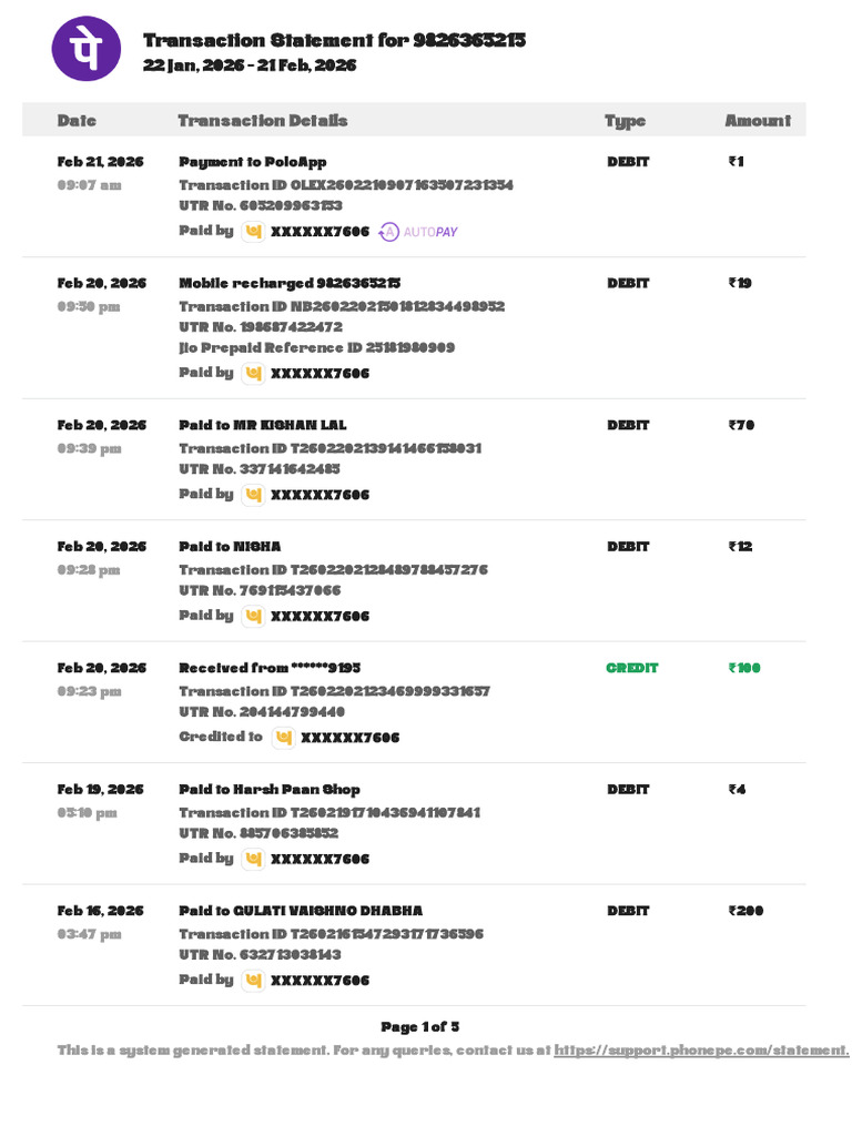 PhonePe Statement Jan2026 Feb2026 | PDF | Debit Card | Service Industries