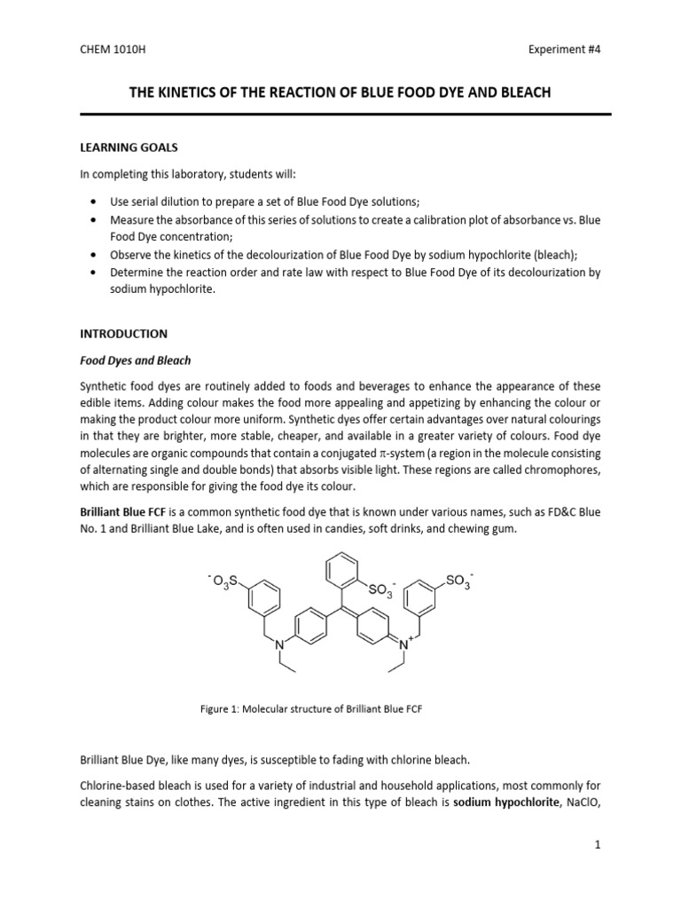 CHEM 1010H - Experiment 4 - Kinetics of Reaction of Blue Dye and Bleach ...