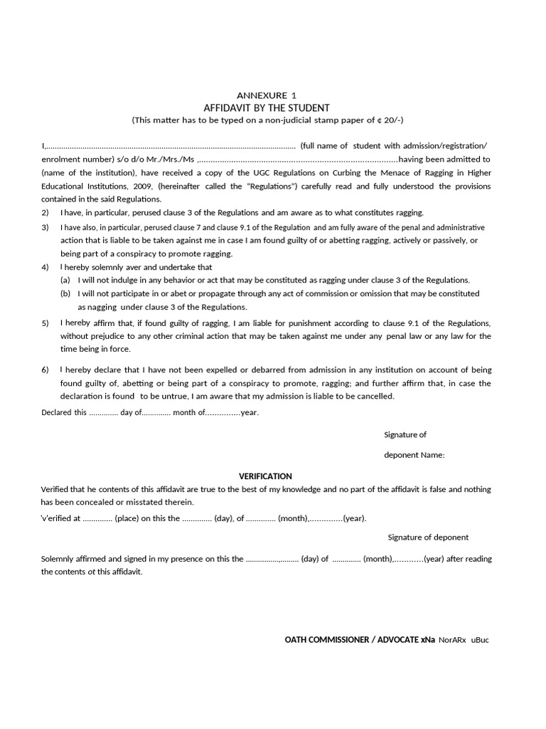 Anti Ragging Affidavit Format-1 | PDF