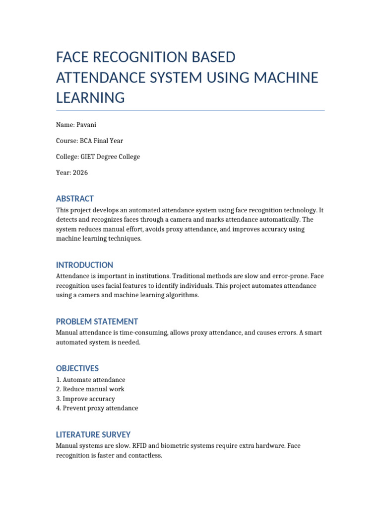 Face Recognition Attendance Documentation | PDF