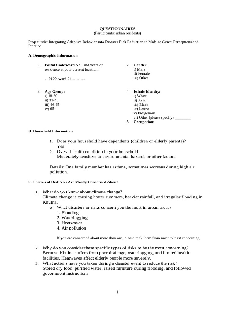 Filled in Format Questionnaire Khulna | PDF | Cost Of Living | Flood