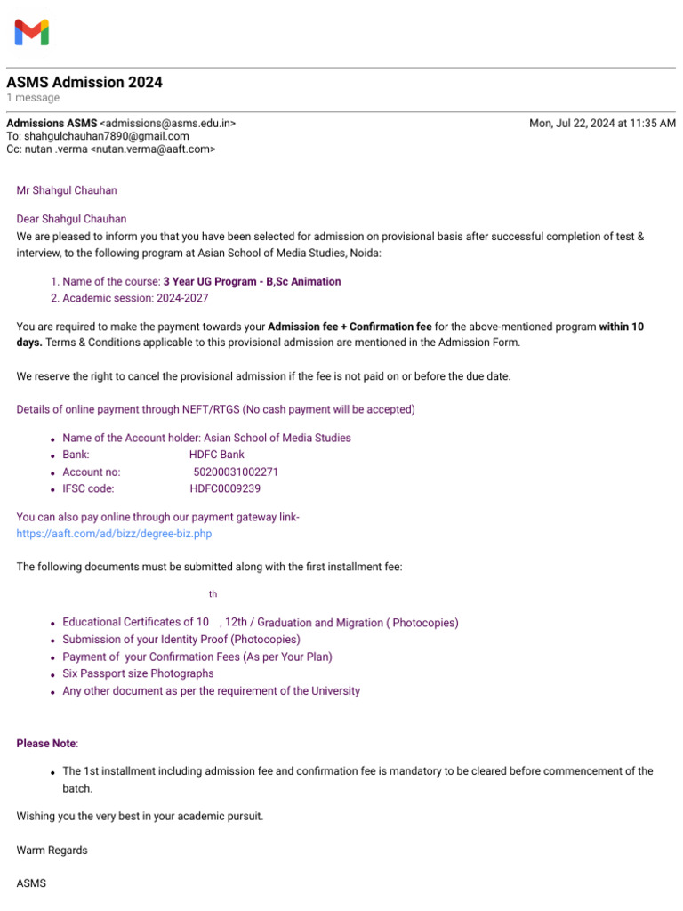 AAFT Admission Letter | PDF