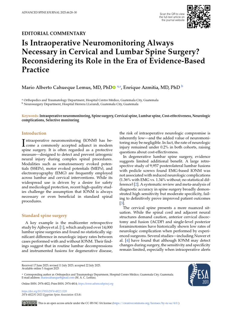 Is Intraoperative Neuromonitoring Always Necessary in Cervical An | PDF ...