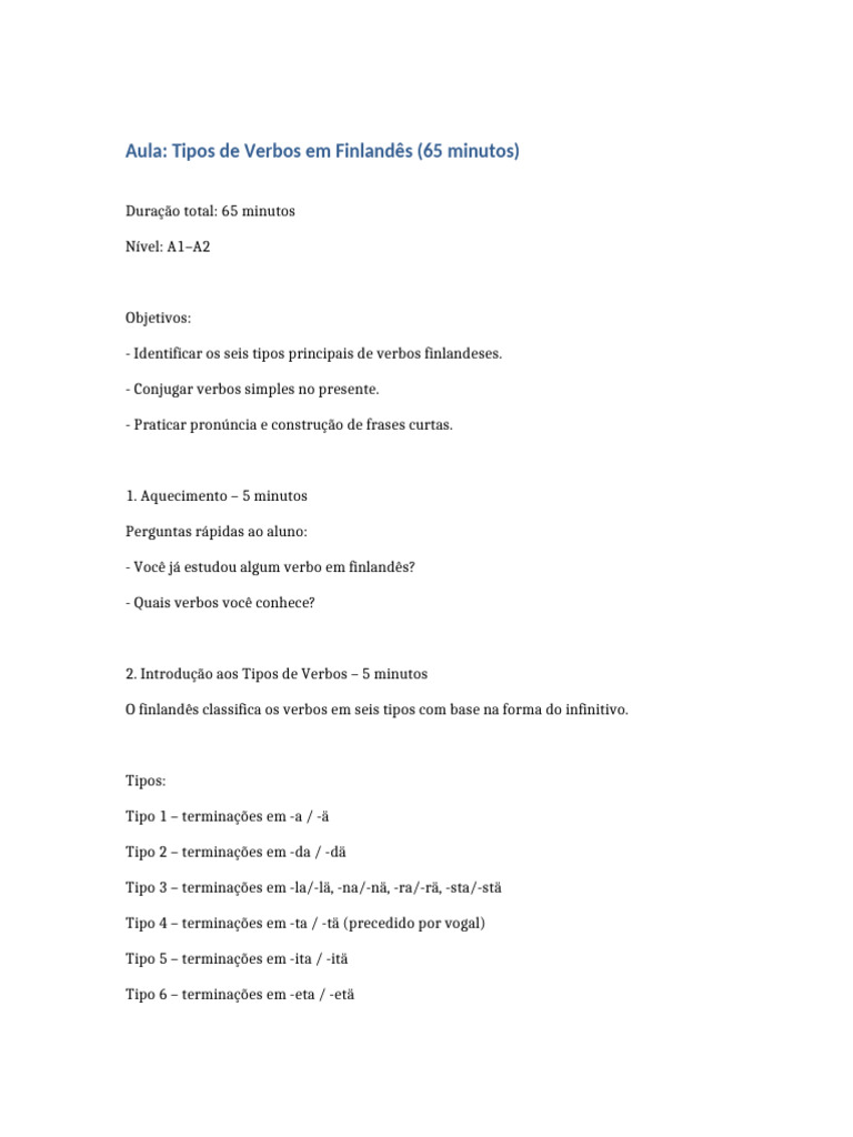 Aula Tipos de Verbos Finlandes | PDF