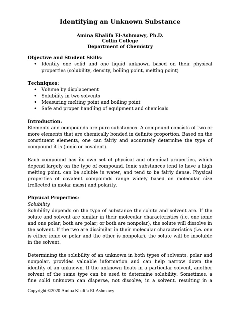 Identifying An Unknown Substance - 2020 | PDF | Chemical Polarity ...