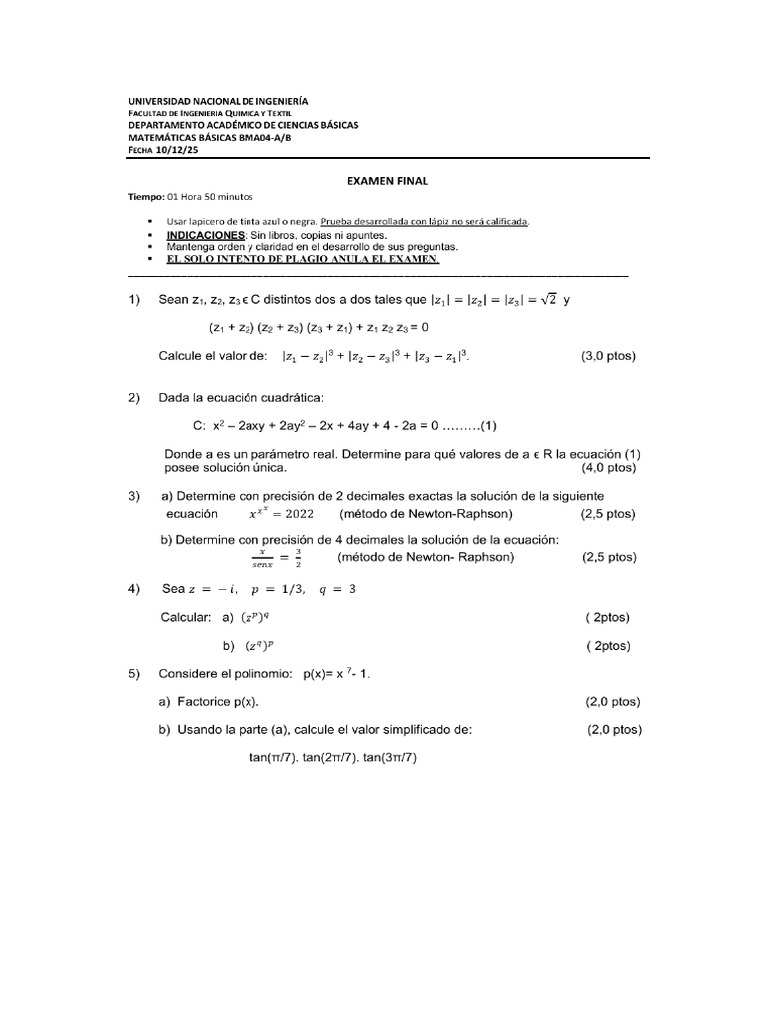 Examen Final de Matemática Básica 2025-2 | PDF
