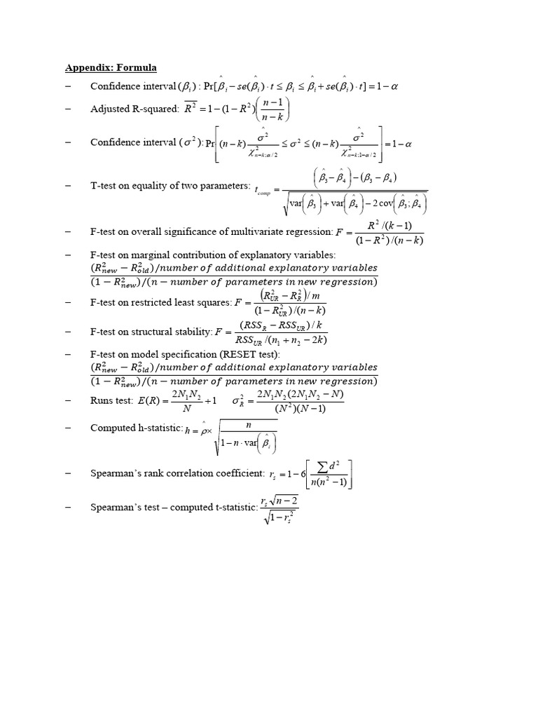 Formula Sheet ECO311 | PDF | F Test | Ordinary Least Squares