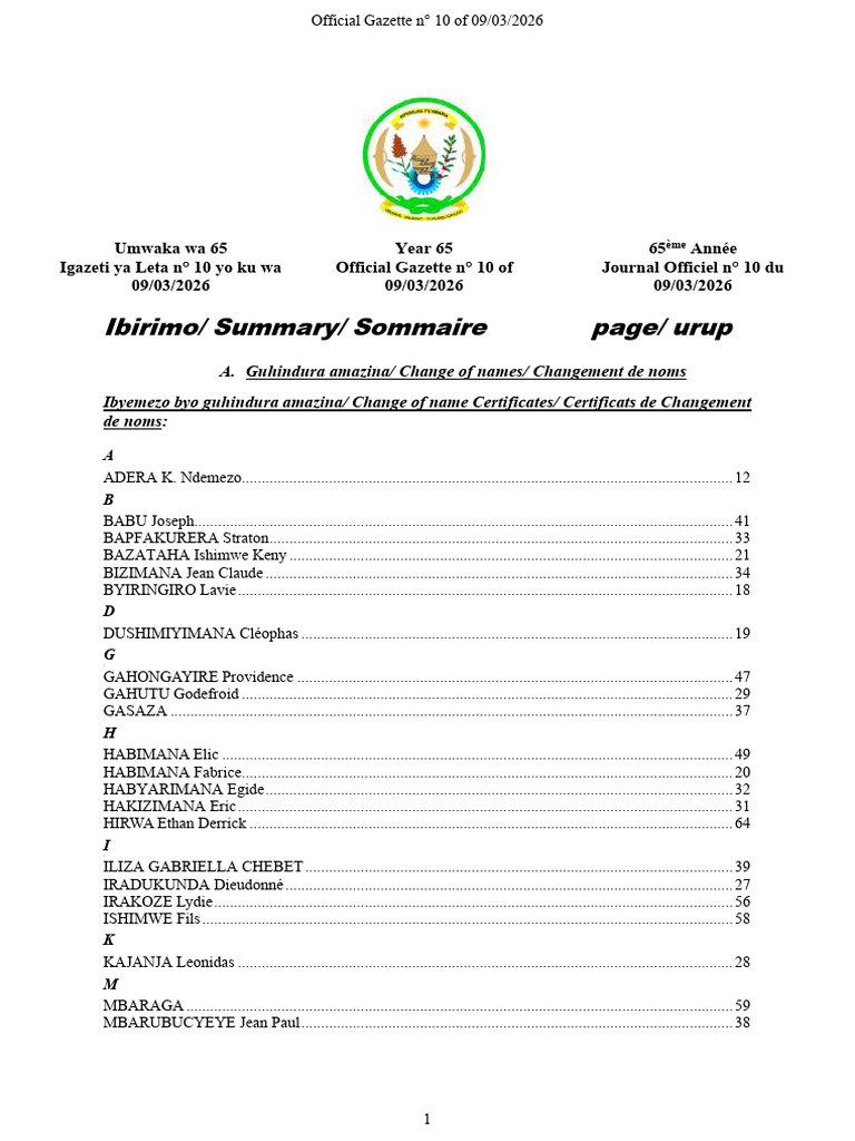 RW Government Gazette Dated 2026-03-09 No 10 | PDF | Rwanda