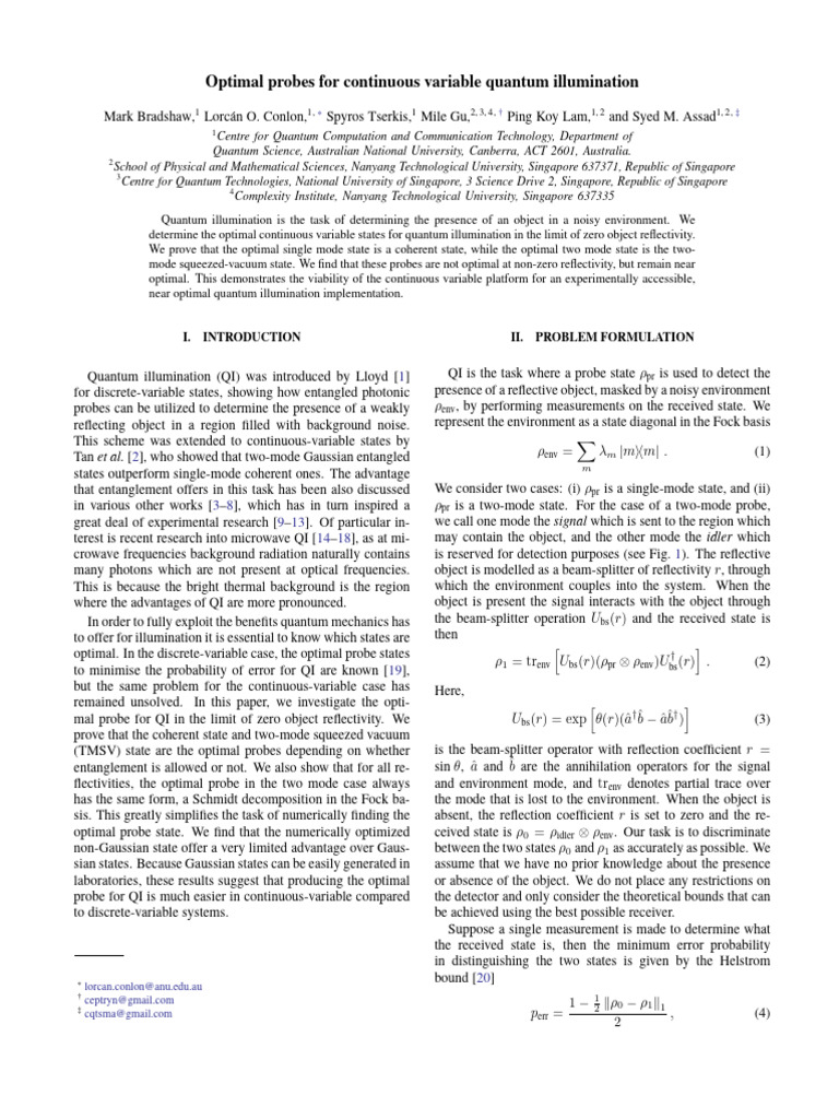 Optimal Probes For Continuous-Variable Quantum Illumination | PDF ...