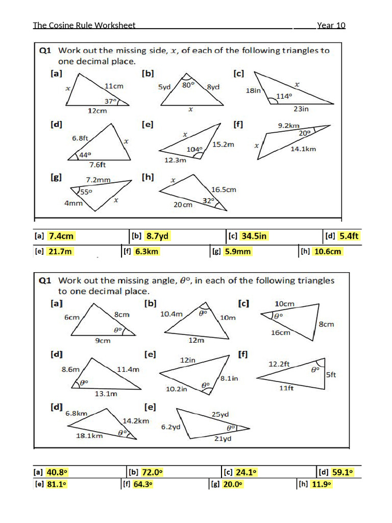 WS-The Cosine Rule | PDF