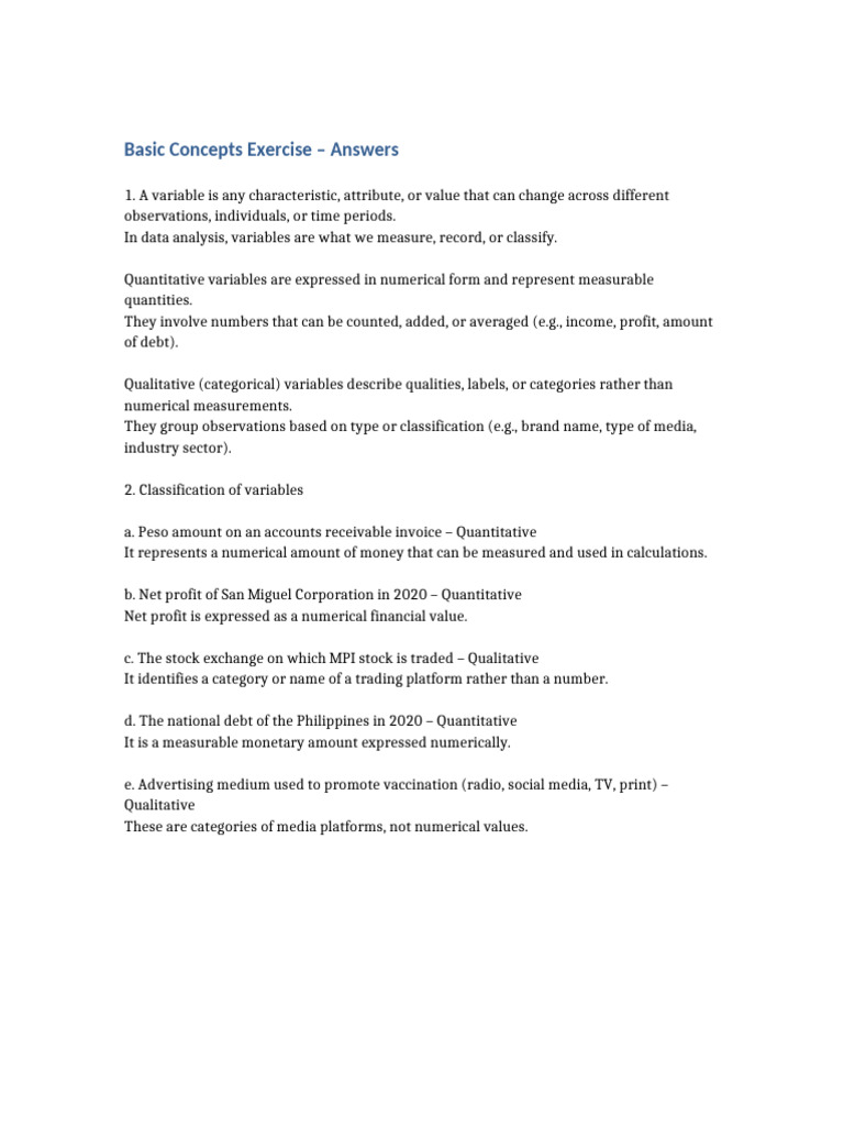 Basic Concepts Exercise Answers | PDF