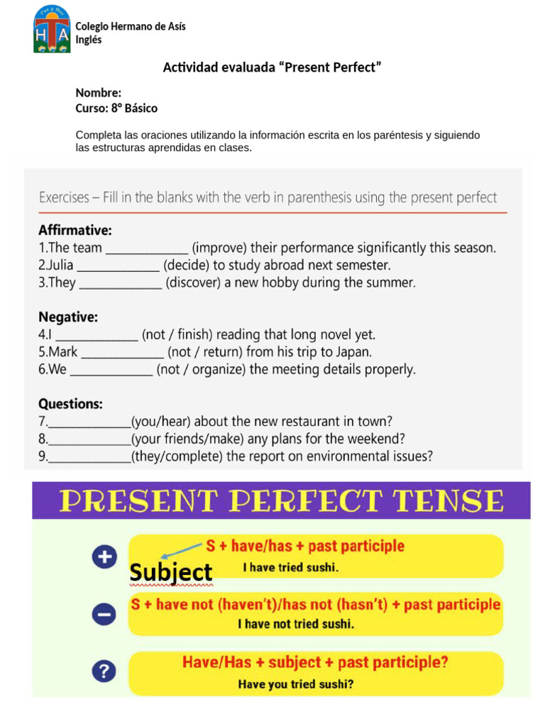 Ejercicio Evaluado Present Perfect | PDF