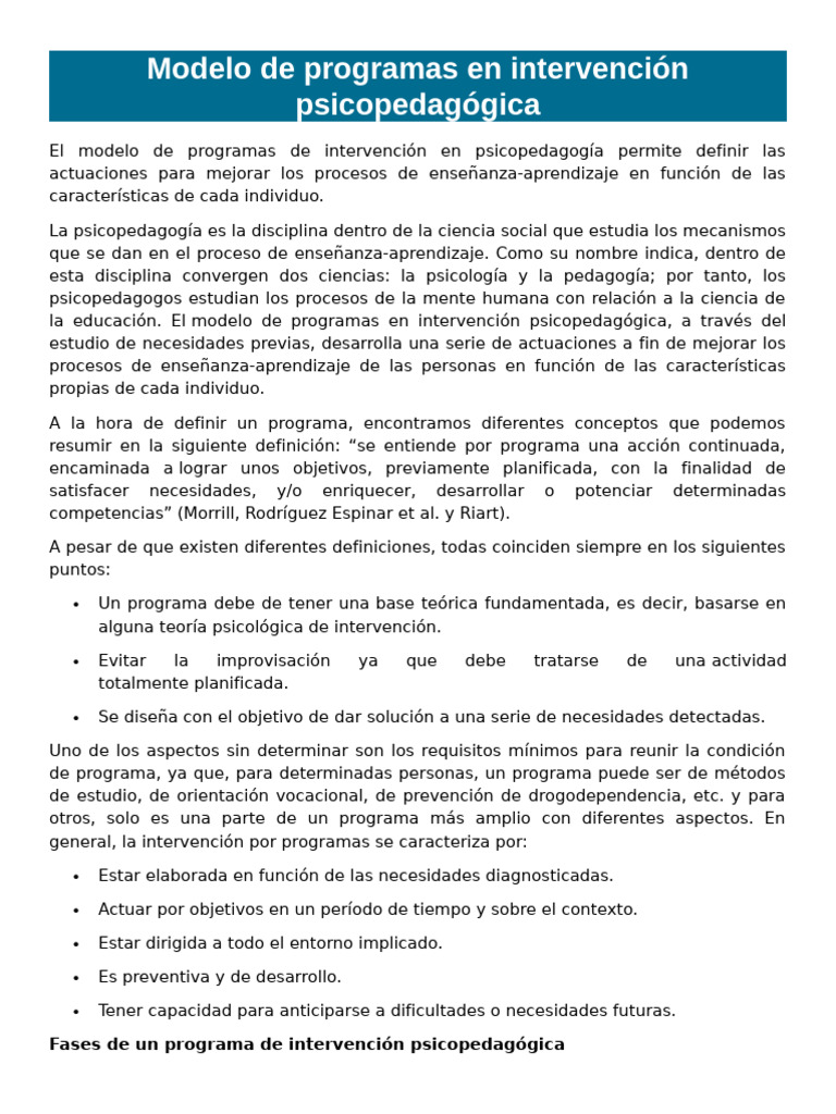Modelo de Programas en Intervención Psicopedagógica | PDF