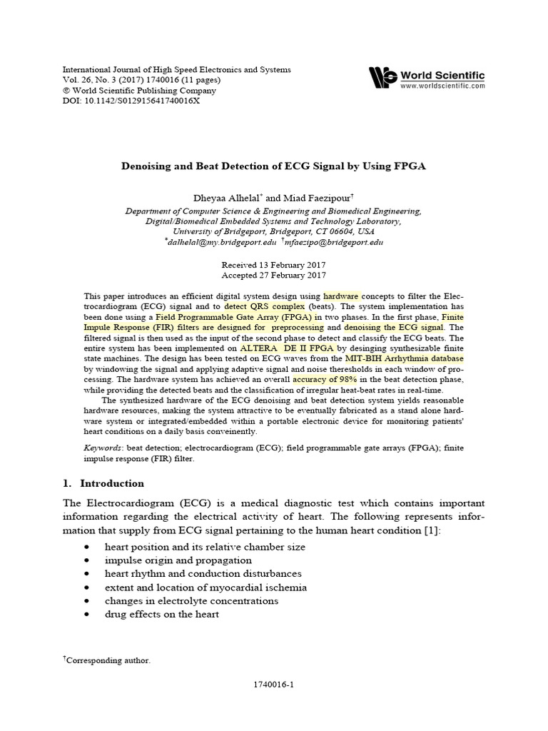 04.denoising and Beat Detection of ECG Signal by Using FPGA | PDF