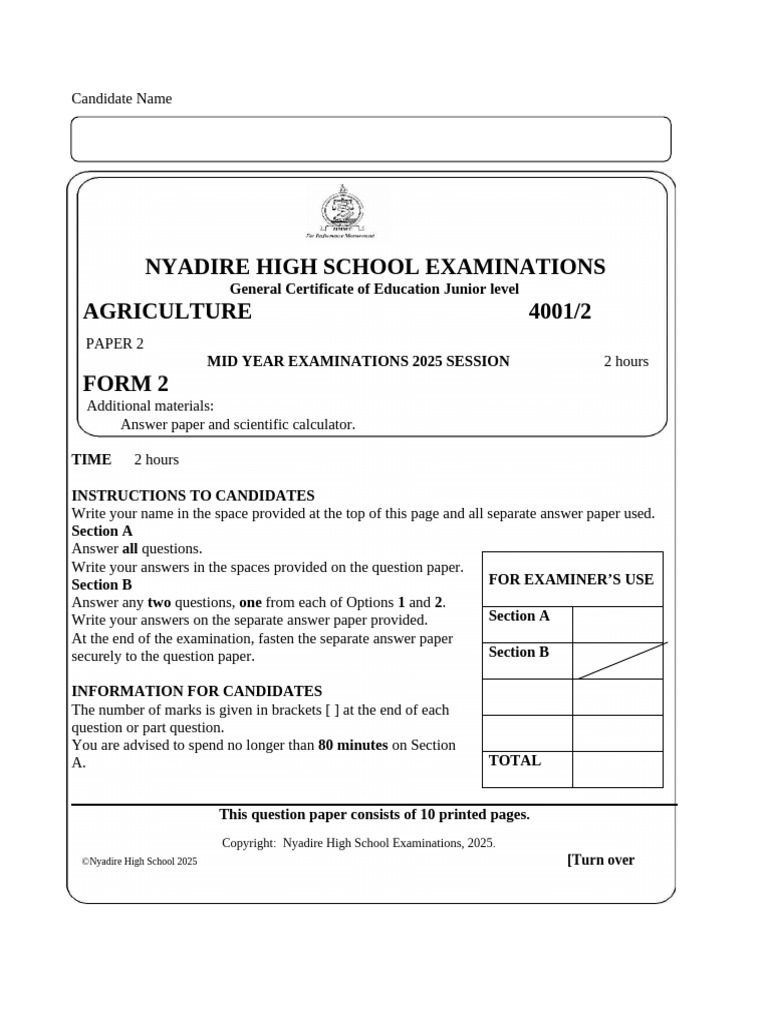 p2 Form 2 Agric Mid Year Exam | PDF