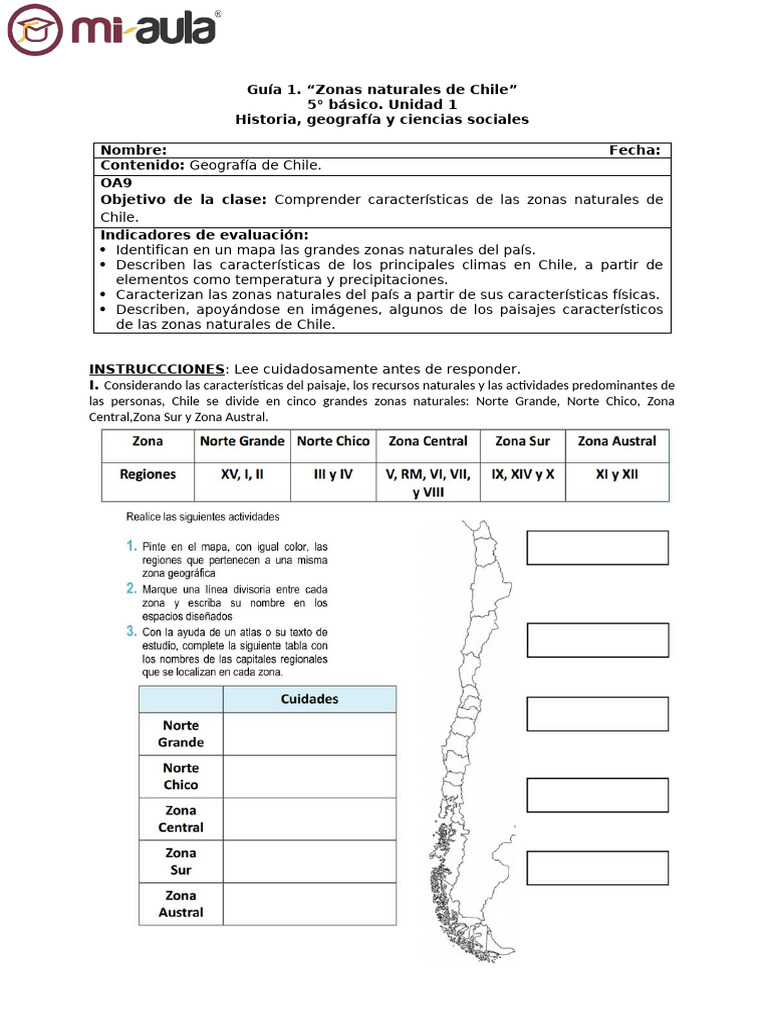 Guia de Reapso La Zonas Naturales de Chile 5° Año Basico | PDF | Chile ...