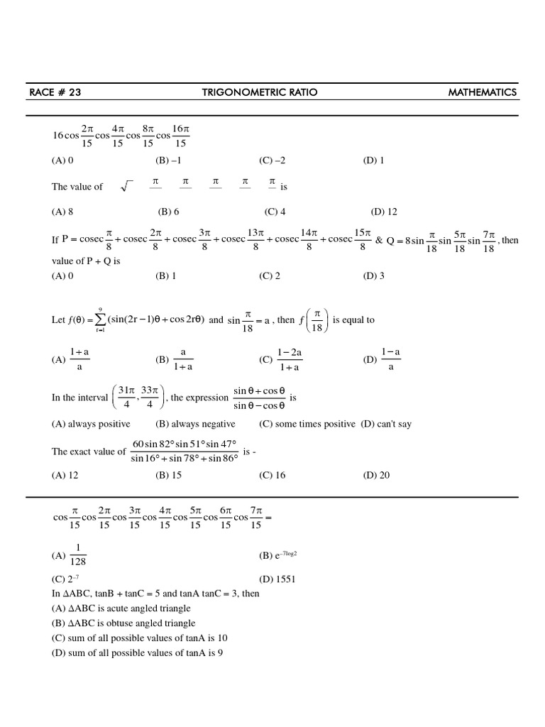 Race 23 Trigonometric Ratio | PDF | Mathematics | Euclidean Geometry