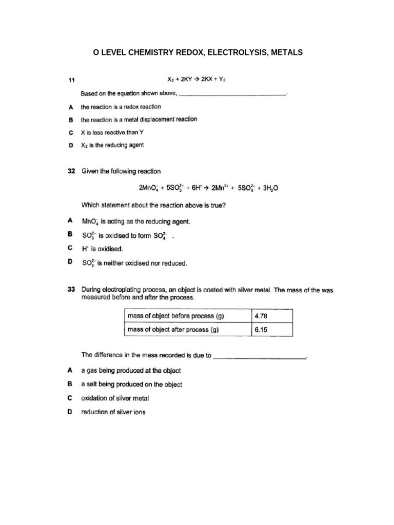 O Level Chemistry Redox, Electrolysis, Metals Worksheet | PDF