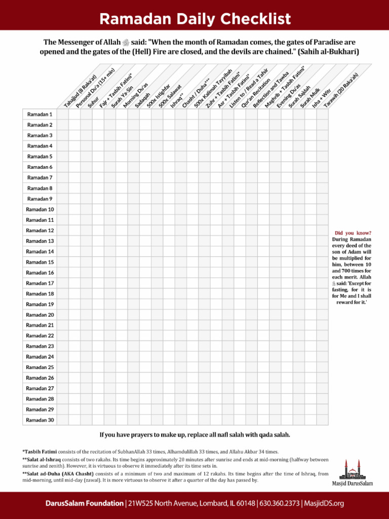 DarusSalam Foundation - Daily Ramadan Checklist | PDF