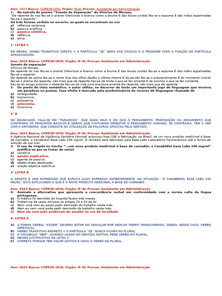 200 Questões Copeve Comentadas | PDF | Pronome | Assunto (gramática)