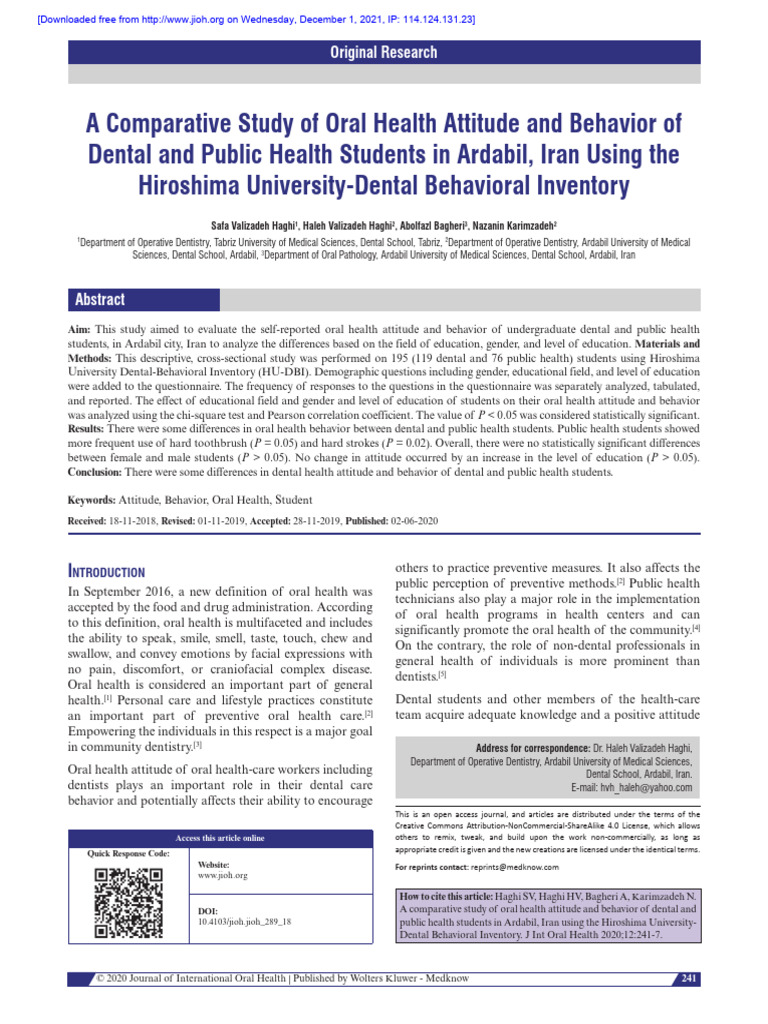 A Comparative Study of Oral Health Attitude and Behavior of Dental and ...