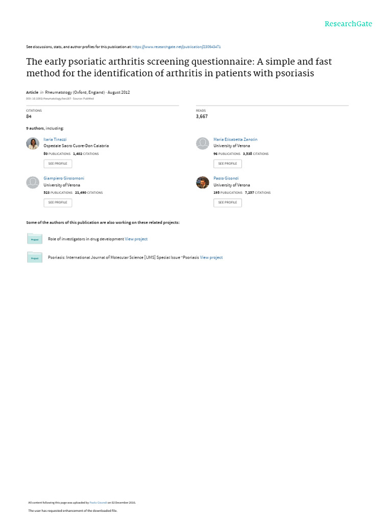 The Early Psoriatic Arthritis Screening Questionnaire For Psoriasis ...